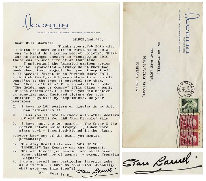Stan Laurel Letter Signed -- ''...I have just the two awards - The Oscar & the Screen Actors Guild trophy...''